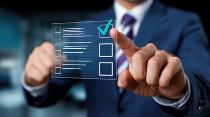A businessman interacting with a digital checklist for efficient task management.
