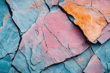 Colorful rock background with blue, pink, and orange fractured layers. Great for geological studies, backgrounds, or creative design projects.