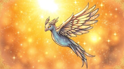 fantasy bird creature with blue and gold wings and glowing eyes for use in magical illustrations or ethereal design projects