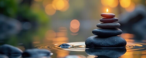 Obraz premium Stack of smooth stones floating on water, soft candlelight, blurred background , relax, light