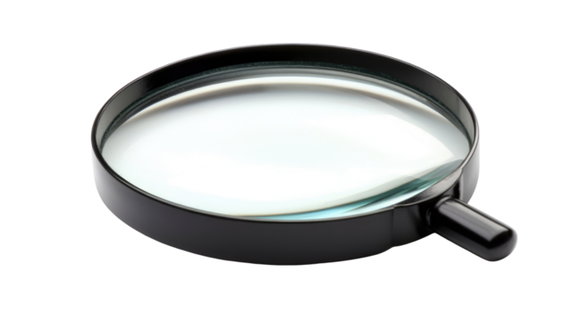 Close-up of a handheld magnifying glass with a black frame and handle, showcasing its clear lens