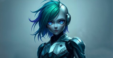 futuristic humanoid character with teal and purple hair and blue eyes for use in sci fi illustrations, character design, or digital concept art