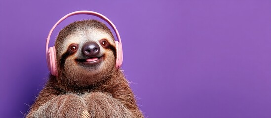 Cheerful sloth listening to music with headphones on a purple background. High quality