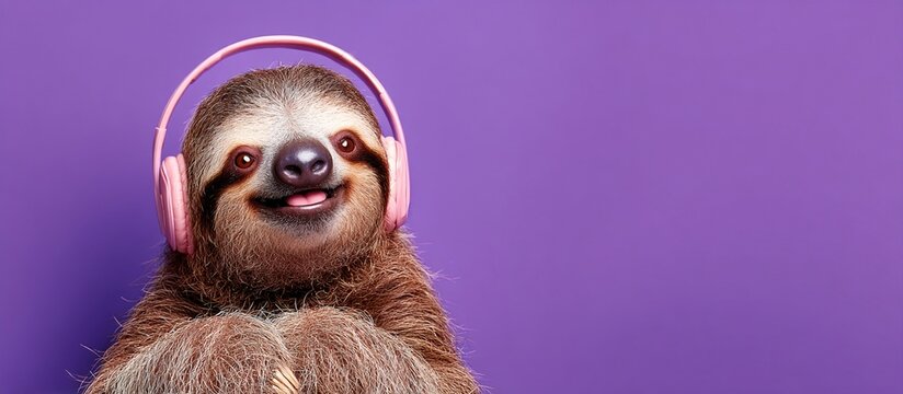 Cheerful sloth listening to music with headphones on a purple background. High quality