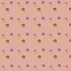 A seamless cute dessert pattern featuring donuts, candies, and chocolate drips on a pastel background. Perfect for kids' fabric, wrapping paper, textile printing, party's designs and scrapbook.