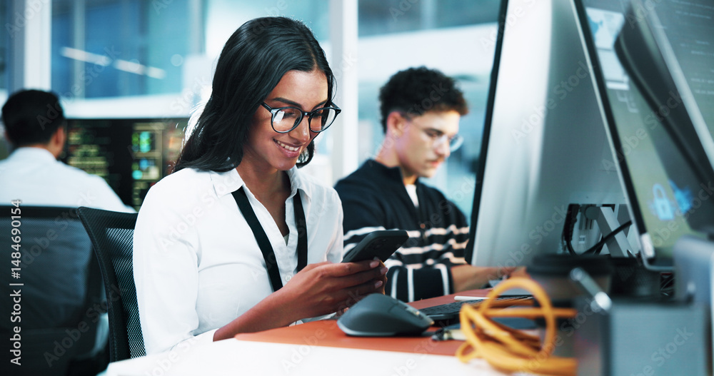 Poster Computer, programmer and woman with smartphone in office, coding software and download app. Coworking, female person and business developer with mobile for reading info, update and smile on break