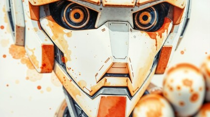 close up of futuristic robot face with orange and white detailing and abstract background for use in sci fi posters, concept art, or technology themed projects