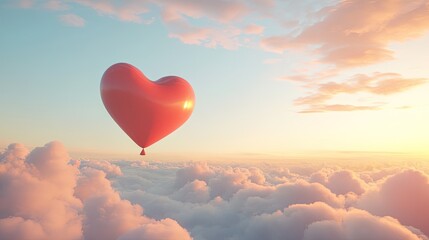Obraz premium A vibrant pink heart-shaped balloon floats gracefully against a backdrop of soft. fluffy clouds and a serene blue sky. symbolizing love and celebration in a whimsical atmosphere