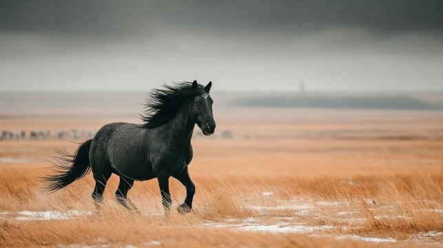 Black horse running in field