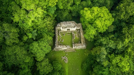 Top Down View of an Ancient Ruin Surrounded by Lush Greenery in a Dense Forest Environment