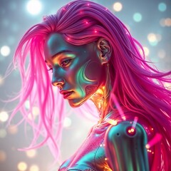 futuristic figure with long pink hair and glowing metallic body in colorful sci fi lights for use in digital art, cyberpunk visuals, or character concept design