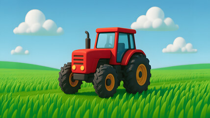 Playful 3D Red Tractor in Green Field