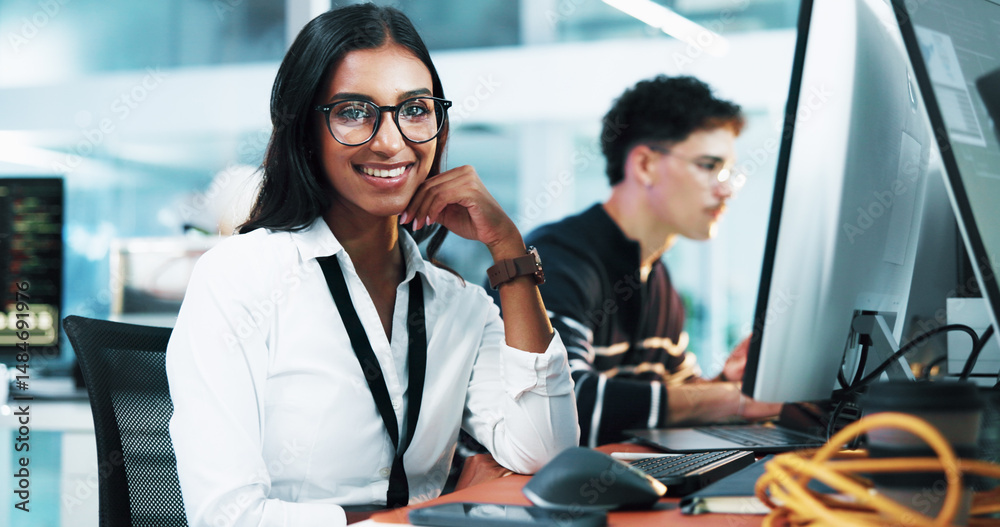 Poster Happy woman, portrait or programmer on computer with glasses at office for future development or cybersecurity. Female person, developer or coder with smile for programming or IT service at workplace