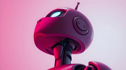 futuristic robot with round head and blue glowing eyes looking up on pink gradient background for use in sci fi art, digital portraits, or character design projects