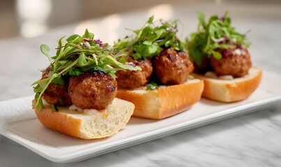 light and easy presented meatball sandwiches on a contemporary white plate, Generative AI