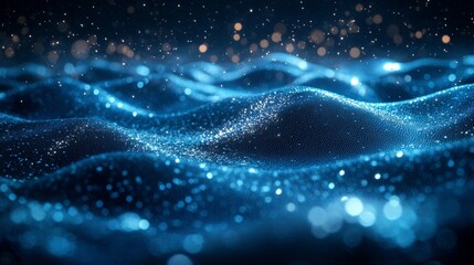 Abstract blue wavy surface with sparkling particles resembling ocean waves under a starry night sky.