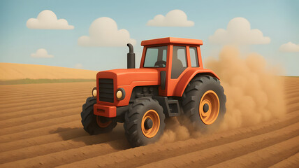 Obraz premium Cartoon Red Tractor Plowing Dry Field