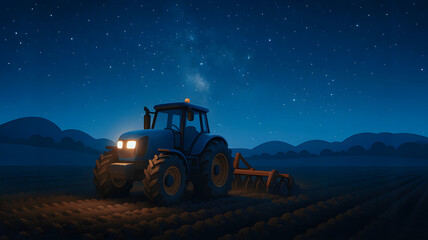 Obraz premium Tractor Plowing Field Under Starry Night Sky