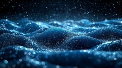 Abstract blue wavy surface with sparkling particles resembling ocean waves under a starry night sky.