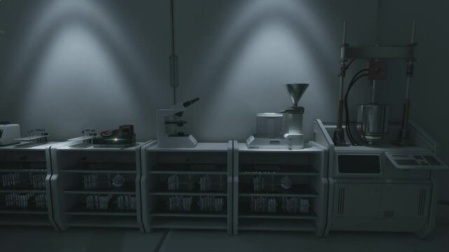Bright lights illuminate various laboratory equipment arranged neatly in a high tech facility. Tools include a microscope, a funnel, and containers, creating a precise research environment.