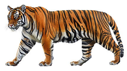 Fototapeta premium Powerful tiger in profile, walking isolated on transparent or white background. Generative ai