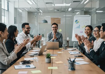 Happy business team applauding at a meeting in a modern office with laptops and a whiteboard