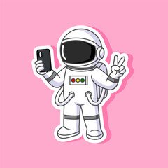 Sticker of Cute Astronaut Taking a Selfie in Space Vector Illustration Cartoon Design