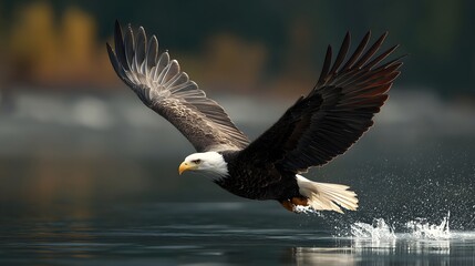 Fototapeta premium Bald eagle diving for fish in an Alaskan river during a clear day captures the essence of nature's hunting prowess