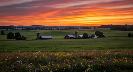 A vibrant flowerbed in the foreground leads to a green field with farm buildings under a dramatic sunset sky.
