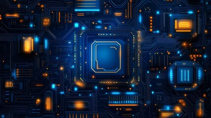 Fototapeta premium Intricate illuminated circuit board pattern with a central processor and neon effect