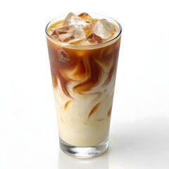 Iced latte, creamy coffee drink, tall glass, swirling milk, golden brown espresso, ice cubes, on white background 