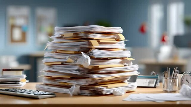 Paperwork Mountain: A towering stack of folders and documents, each with a different purpose, lies precariously on a desk. The piles of paperwork symbolize the complexities of modern business.
