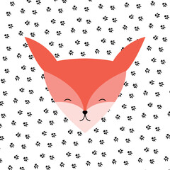 Fox cub on a background of fox paw prints color vector illustration. For any platform action promotion, ad. Isolated symbol sign used for: mobile, app, design, web, dev, ui, ux, gui. EPS 10.