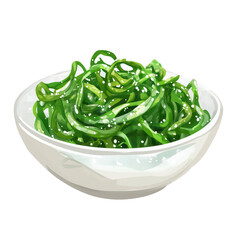 Fresh seaweed salad with sesame seeds, vibrant green color, served in white bowl, illustration concept, isolated on transparent background