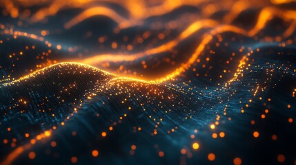 Abstract Glowing Wavy Lines and Points on a Dark Background, Digital Art