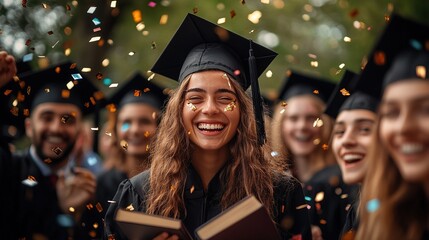 A group of graduates celebrating with business books in hand 