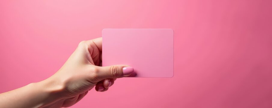 Elegant hand displays exclusive VIP card; soft pink backdrop, reward, prestige, background