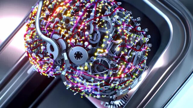 Top view of a Conceptual vector art of AI and machine learning &mdash; robotic brain with gears, circuit lines, and neural network connections"

