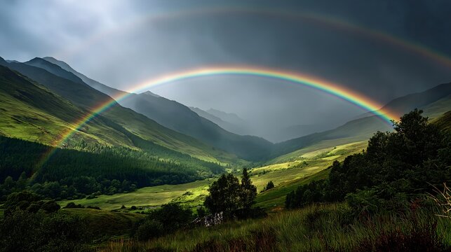 Vibrant double rainbow arcs over a misty valley at twilight showcasing nature's beauty and serenity - Powered by Adobe