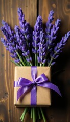Naklejka premium Kraft gift box, lavender bouquet, rustic wood background, celebration, present, craft
