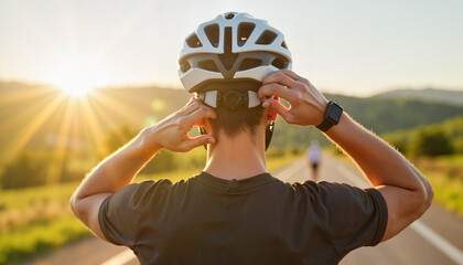 Cyclist adjusting helmet at sunset on rolling hills, safety and focus