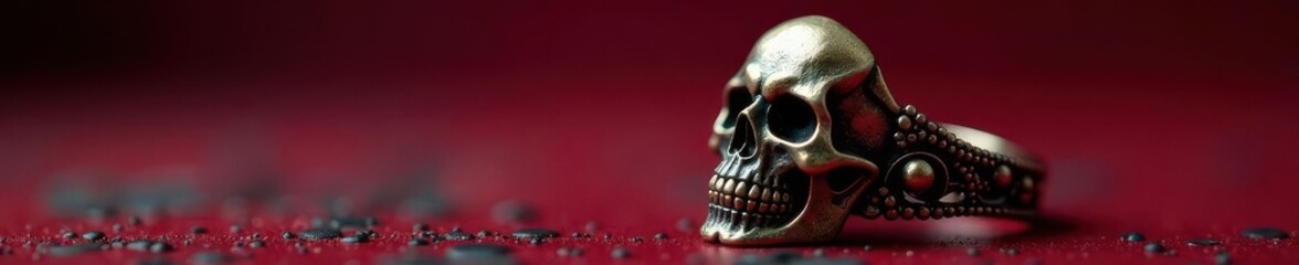 Obraz premium Ornate skeleton ring, gothic skull detail Crimson backdrop Dark fashion accessory , ornate, accessories