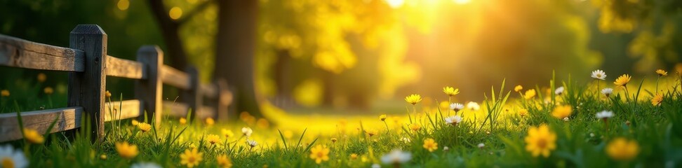 Pale yellow sunbeams illuminate a rustic wooden fence, tiny forget-me-nots scattered nearby , fence, yellow, blossom