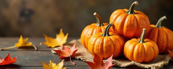 Pile of pumpkins, gourds, scattered leaves on burlap , october, leaves, fall