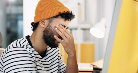 Creative, computer and man with headache at desk for deadline pressure, internet glitch and browser...