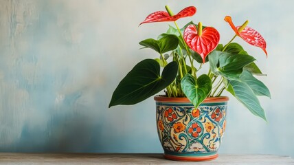 Vibrant Anthurium Plant in a Brightly Colored Ceramic Pot Against a Soft Blue Background