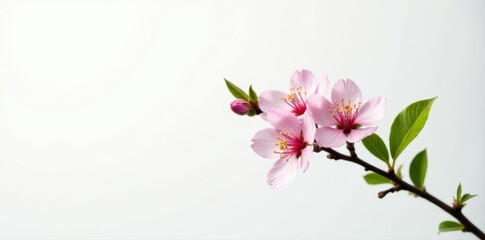 Obraz premium Single graceful branch with blossoms, soft green foliage, pure white backdrop , elegant, element