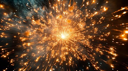 Vibrant Fireworks Display at Night: Orange and Gold Sparks Exploding in Dark Sky