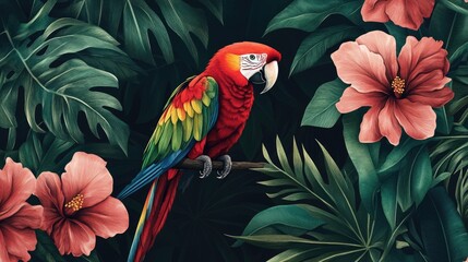 Obraz premium A vibrant scarlet macaw perched on a branch amidst lush tropical foliage and colorful hibiscus flowers. creating a serene and exotic atmosphere in a jungle setting