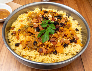 A large bowl of Moroccan couscous with dried fruits, nuts, and vegetable broth